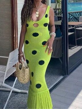 Hanifa Lime Green Polka Dot Knit Maxi Dress - Sleeveless Cutout